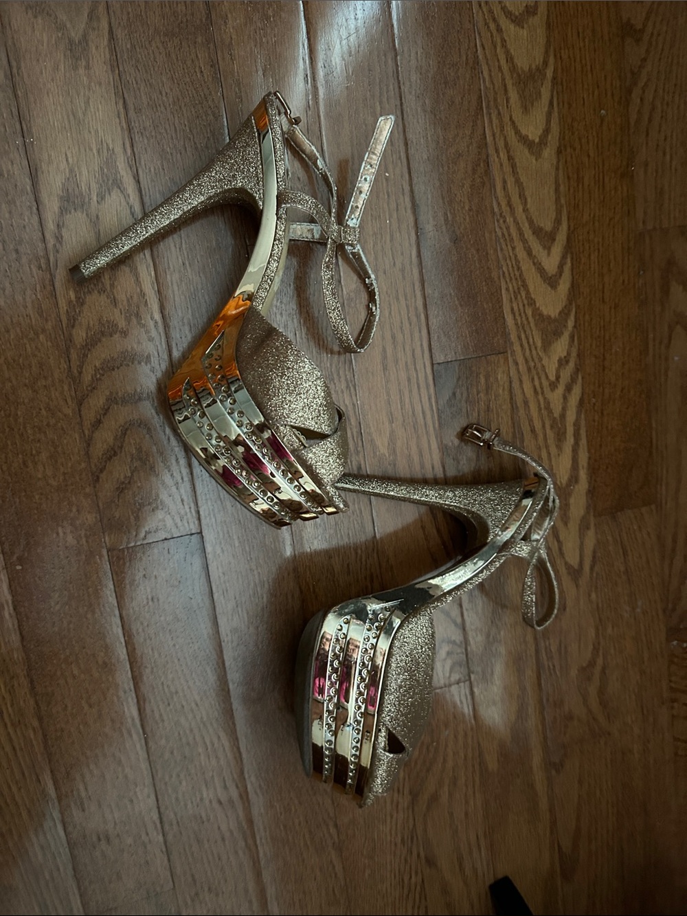 Gianni Bini Gold Glitter Platform Ankle-Strap Heels
